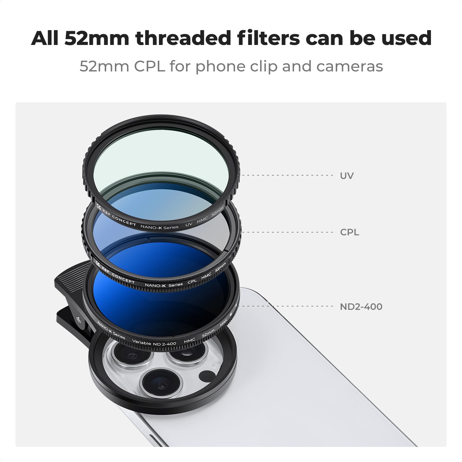 52mm Clip-On CPL Phone Camera Filter Kit