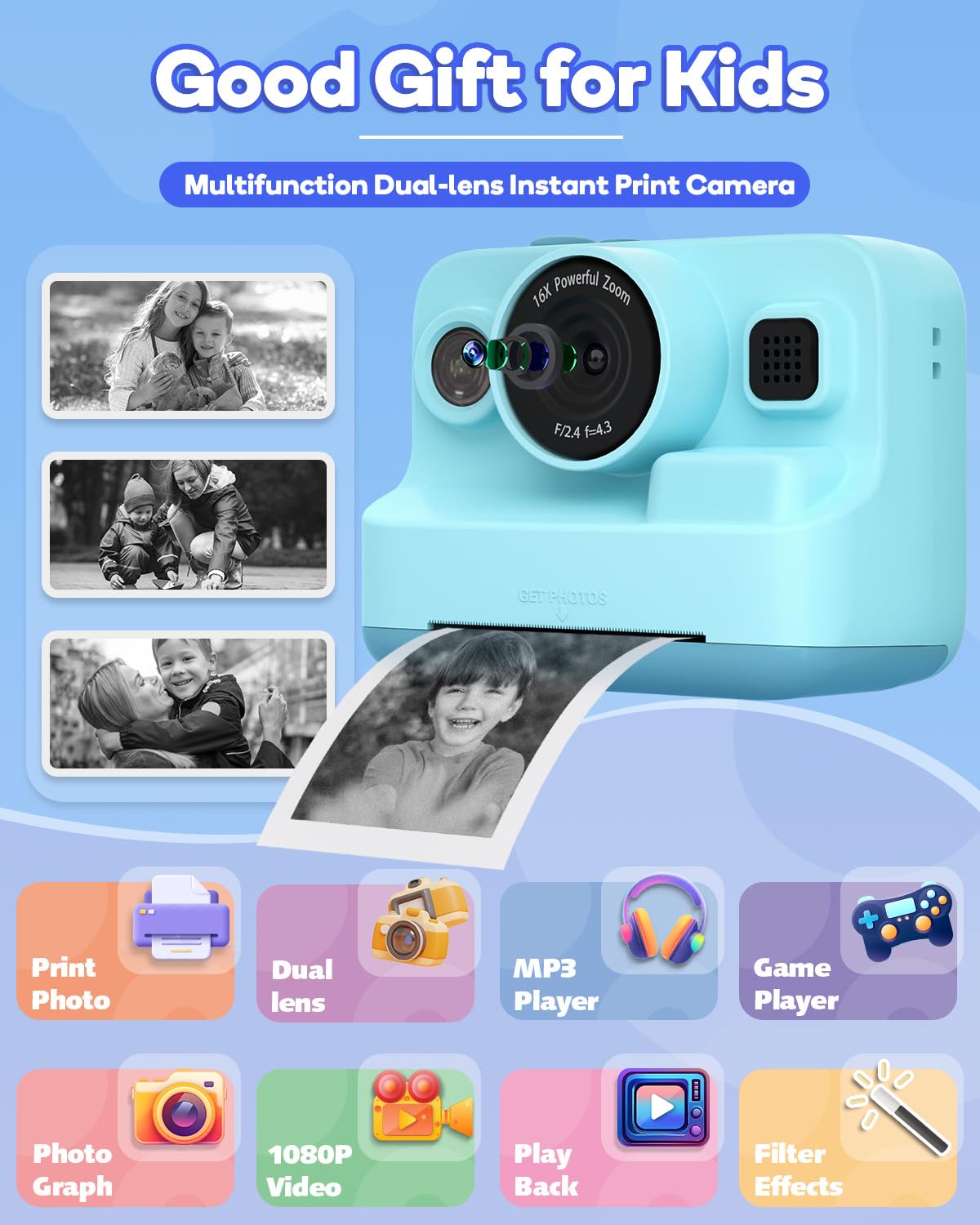 Kids Instant Print Camera 2.4" Screen