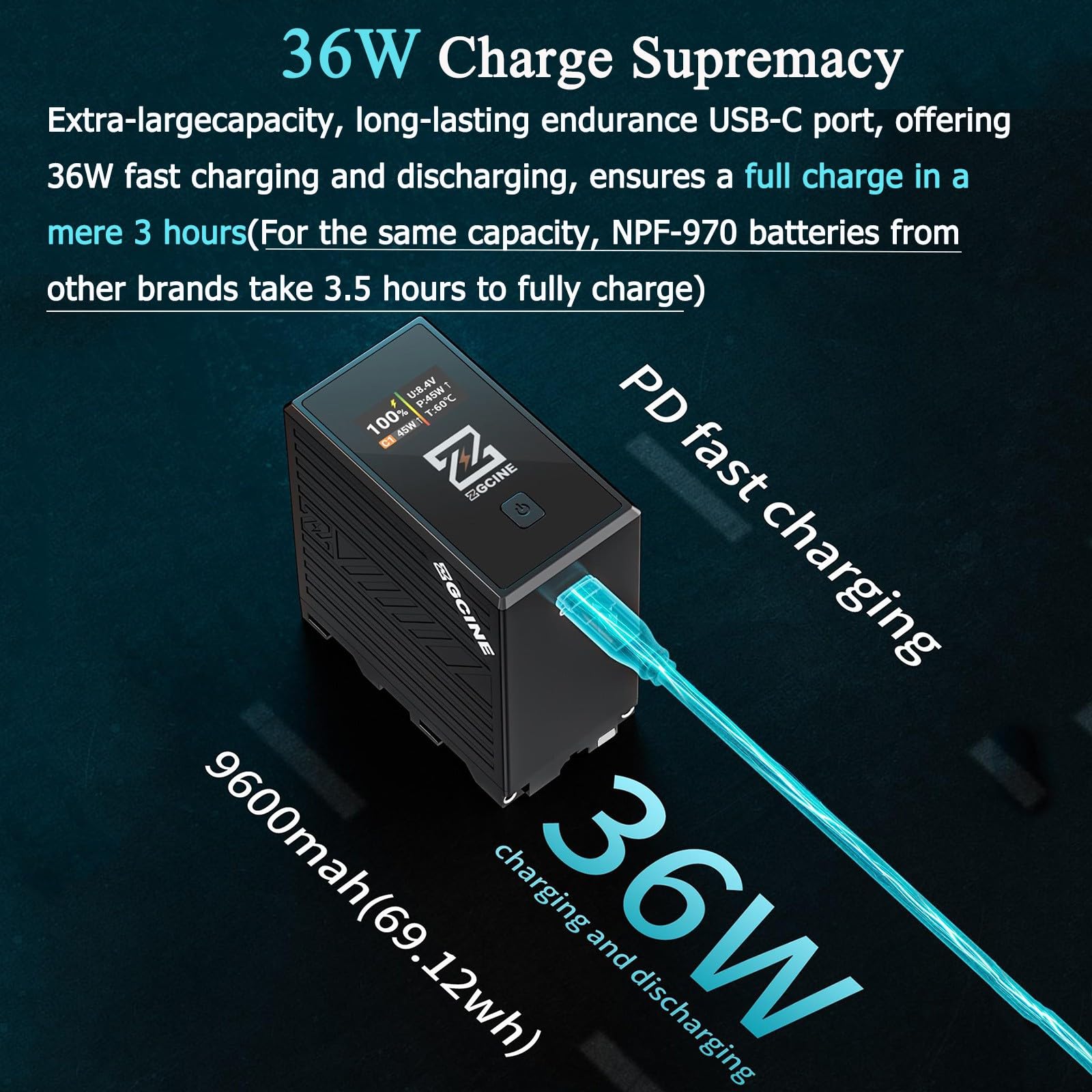 NP-F970 Battery 9600mAh USB-C PD