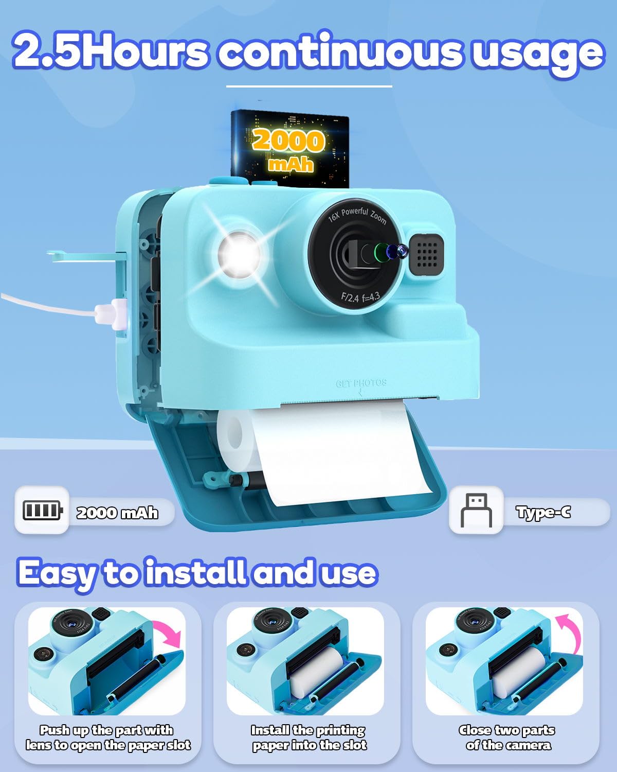 Kids Instant Print Camera 2.4" Screen